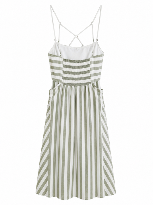 Vestido verde y blanco lino