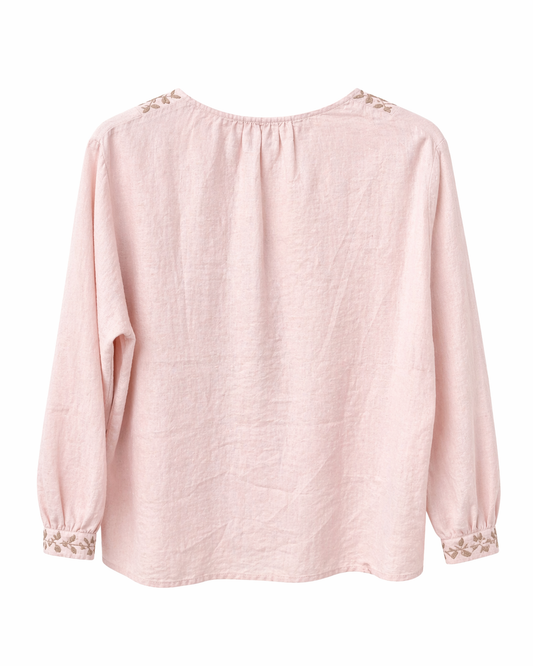 Camisa de lino con bordado rosa