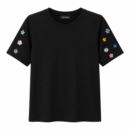 Camiseta negra flores bordadas