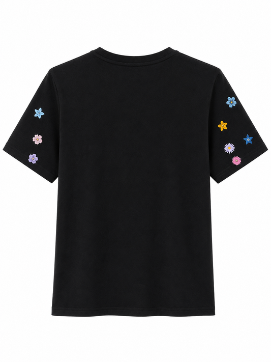 Camiseta negra flores bordadas