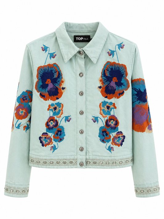Chaqueta tejana floral celeste