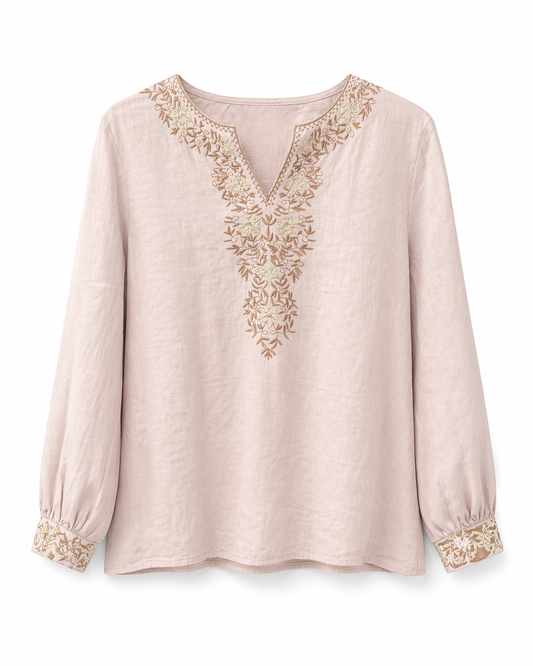 Camisa de lino con bordado rosa
